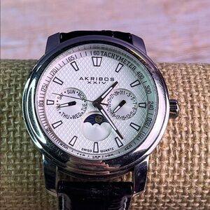 Akribos XXIV Silver and Black Moon Phase Watch- READ